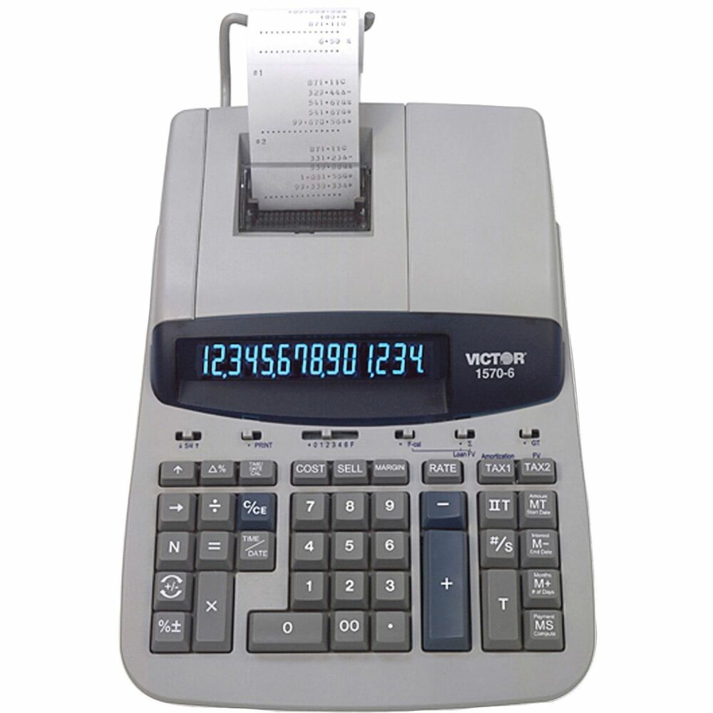 VCT15706 - Heavy-duty printing calculator offers two memories, two independent tax keys, and a 14-digit, fluorescent display. Print 5.2 lines per second in two colors. Easily calculate and print loan calculations, amortization schedule, present/future value, and days between dates. You can add, subtract, multiply and divide hours and minutes or minutes and seconds for time billing or payroll applications. Enter two cost/sell/margin variables, and the third appears. Other functions include delta percent, units price mode, grand total, sigma, change sign key, item count with averaging and square root. Design features a backspace key and built-in metal paper arm. Calculator runs on AC power. More from the Manufacturer