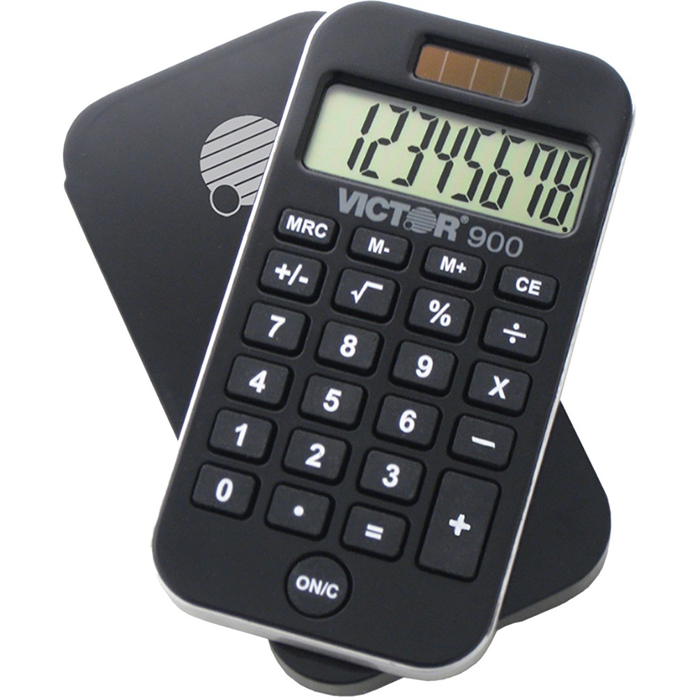 VCT900 - Eight-digit, handheld calculator features a compact design with a large, eight-digit liquid crystal display (LCD) and large nonslip rubber keys. Large display offers 14mm digits. Protective, hard-shell case contains a high percentage of recycled plastic. Functions include three-key independent memory, percent, square root keys and automatic constants. Calculator is dual-powered with solar and battery backup. More from the Manufacturer