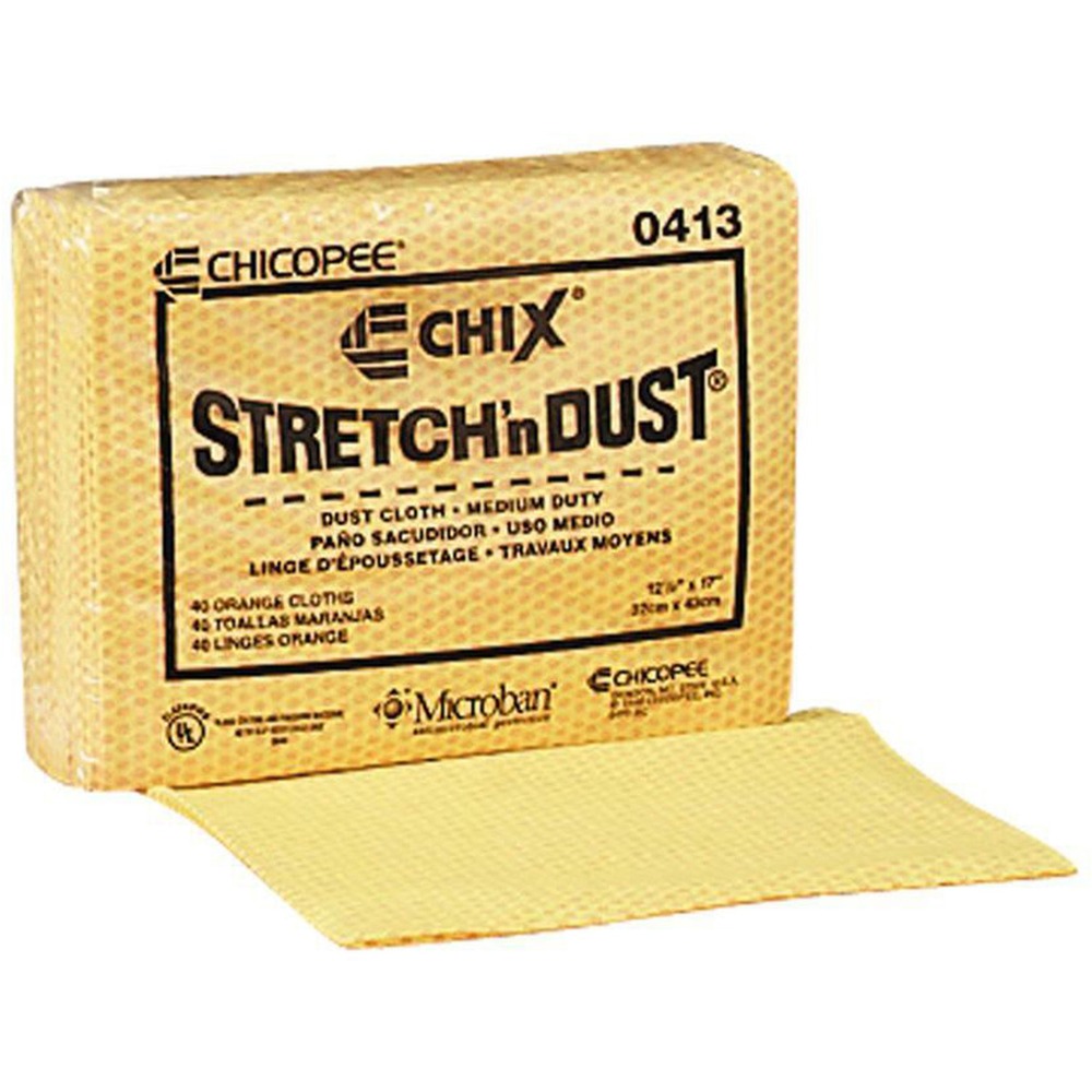 CHI0413 - Stretch 'N Dust Medium-Duty Cloths are ideal for multipurpose dusting. They are strong and durable yet soft enough for delicate surfaces. Low-linting cloths are made of viscose fibers and pre-impregnated with mineral oil to create a dust-catching, 3-D structure. They hold the smallest particles in the treated fabric.