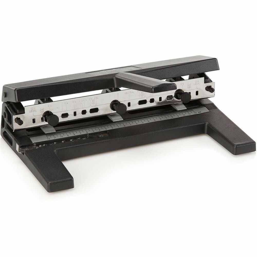 SWI74440 - Heavy-duty punch features a large T-shaped handle for greater leverage and nontip base. Hole punch drills two to three 9/32" holes in up to 40 sheets. Heads adjust out to 10-1/2" centers to punch letter-size or legal-size sheets. Easy-to-adjust knobs lock for accurate hole alignments. Punch accepts up to seven punch heads. Metric, calibrated positioning guides allow precision. Large-capacity chip tray pulls out for easy emptying. Heavy-duty punch offers adjustable centers, rubber feet for stability and a die-cast steel body. More from the Manufacturer