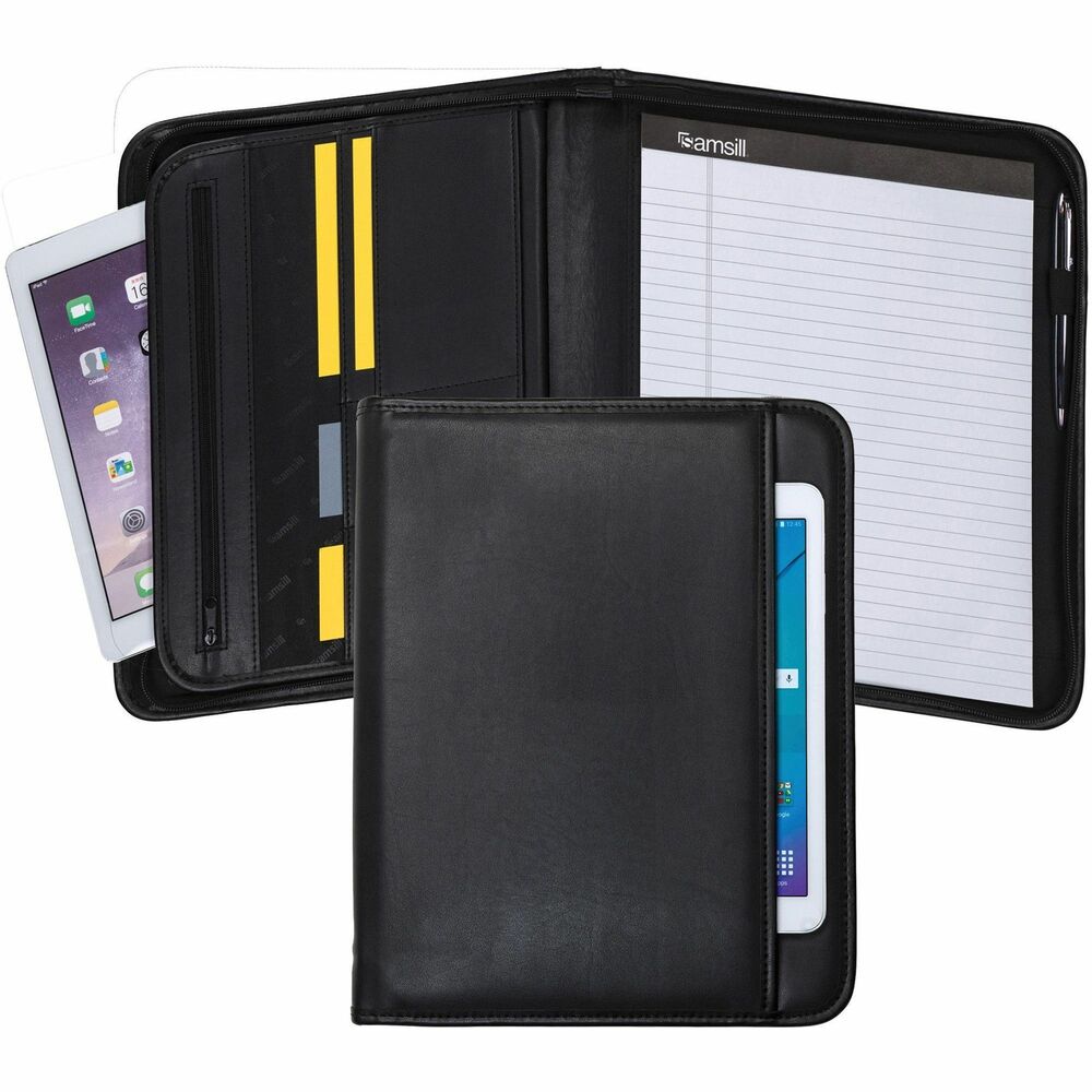 SAM70820 - Zipper Pad Holder features softly padded vinyl with the look and feel of napa leather. Wraparound zipper provides security for important documents. The exterior offers sleek radius corners and a full-length exterior storage pocket. Interior features include expandable document pocket, zippered security compartment, four diskette pockets, two CD and business card pockets, and pen loop. Pad holder also includes a letter-size writing pad. More from the Manufacturer