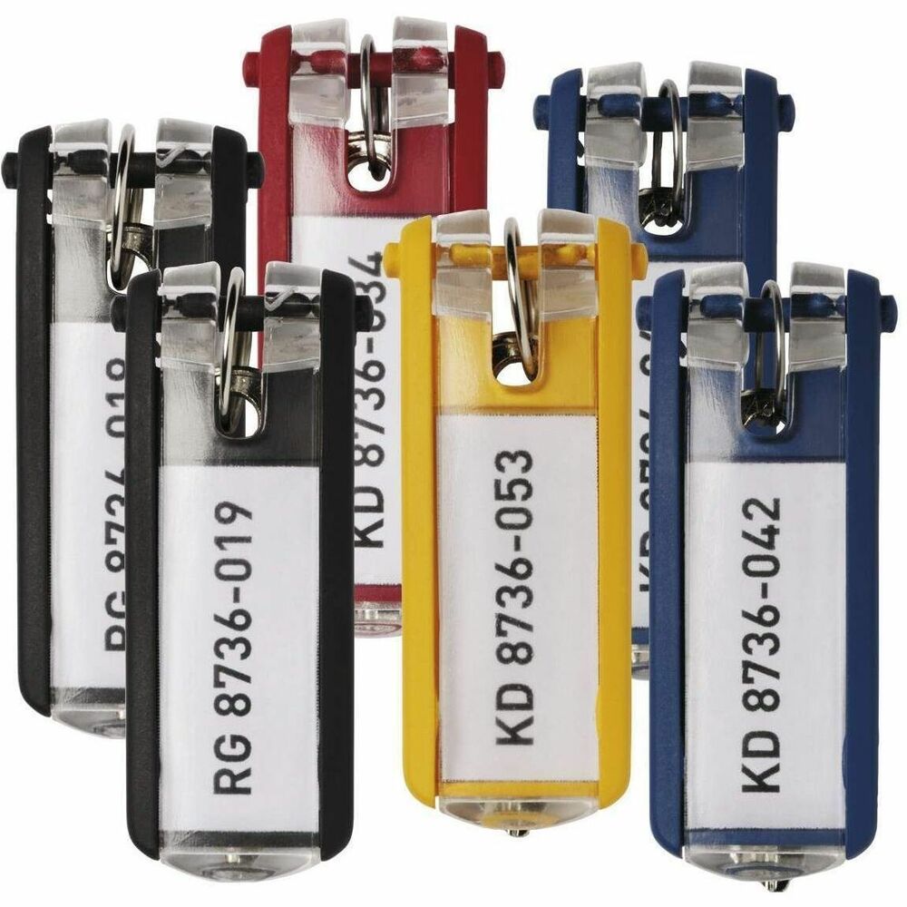 DBL195701 - Key tags store label-side out on the rack for fast access. Keys hang behind tags when stored on the rack (sold separately). Label window securely snaps shut to keep label secure. Paper insert can be changed as needed. Key tags include blank label inserts. Label template is available online. Each tag holds several keys. More from the Manufacturer