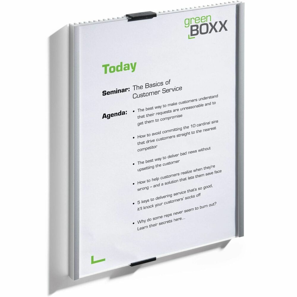 DBL480623 - Information sign features a removable top clip for instant updates whenever changes occur. Clear acrylic panel completely showcases your insert for excellent visibility. Aluminum back plate is pre-drilled for easy wall mounting with the included screws and anchors. Plus, adhesive disks provide another way to mount the sign. The elegant back ribs form an attractive design that complements all decors. Use the free, online insert-formatting software to make professional style signs. Sign is compatible with Durable, printable replacement insert packs (sold separately).