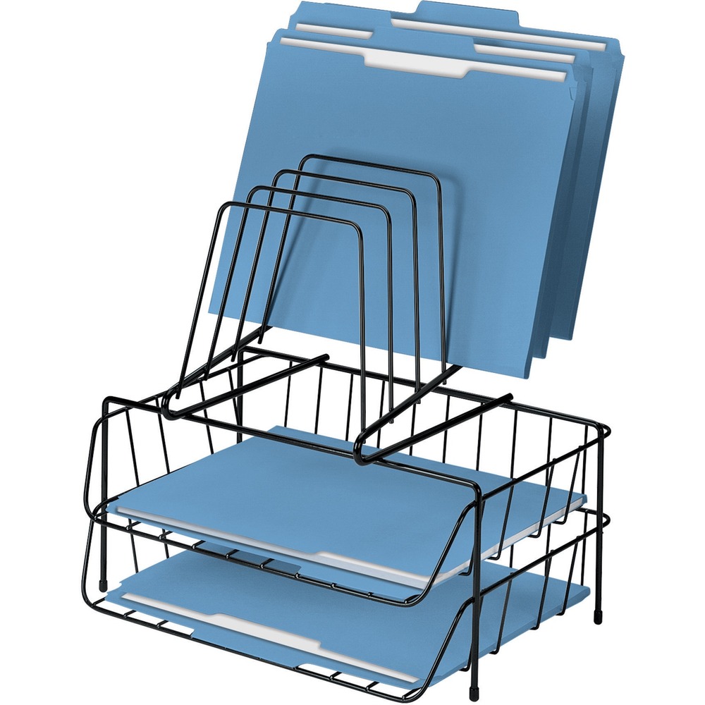 FEL72391 - Double Letter Tray with step file saves space by combining two units in one. Graduated, six-compartment step file keeps active files readily accessible while two side-loading letter trays separate incoming and outgoing work. 100 percent recyclable tray is made of steel.
