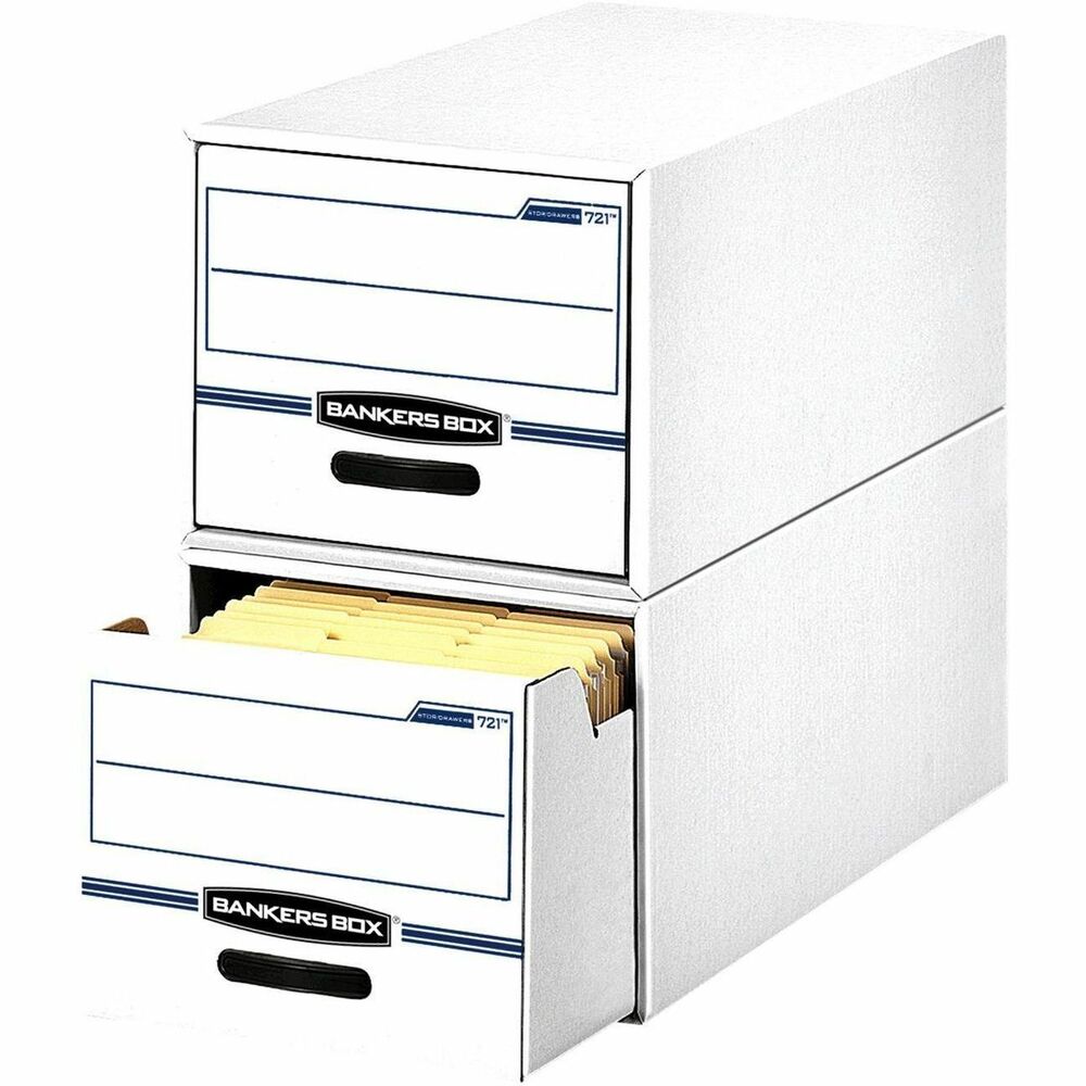 FEL00722 - Storage drawers are designed for light-duty stacking and storing of legal-size files. Ideal on metal shelving units for infrequent file retrieval. Stack up two units high to save space. Drawer has reinforced front and back drawer panels. Sides and back also have multiwall thickness for lasting strength and reliable performance. Reinforced plastic handle provides easy drawer access.