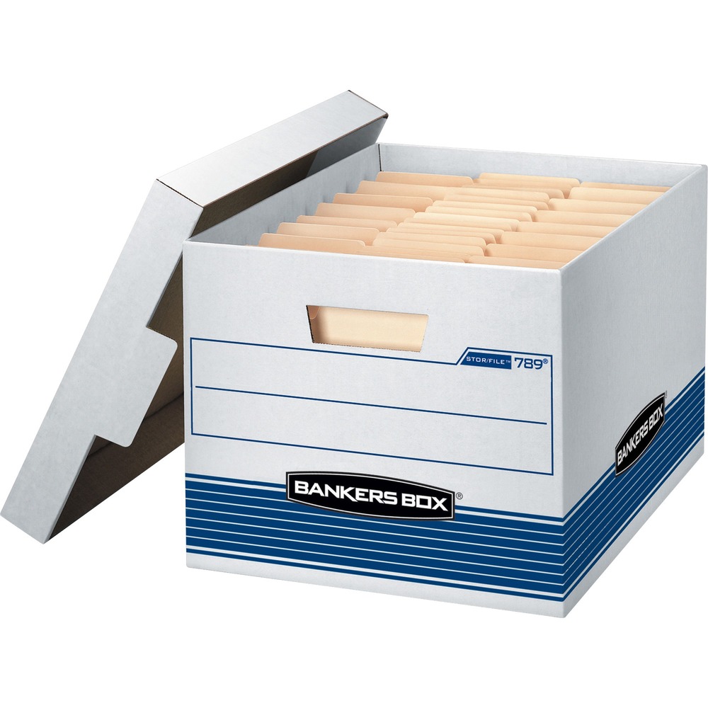 FEL00789 - Bankers Box Medium-Duty file storage boxes strike the perfect balance between durability and convenience. Designed for moderate stacking and frequent access, these cardboard file boxes with lids are ideal for storing both letter and legal-size folders in active office environments. Reinforced hand holes make lifting and transporting easy, while the sturdy build ensures reliable protection for your documents. Whether you're managing client files, rotating quarterly paperwork, or organizing shared office storage, these boxes offer a professional-grade solution that's built to last. Made with 60% recycled content, they're a smart, eco-conscioen_US choice for ben_USy professionals. Box inside dimensions: 12 x 10 x 15 Inches. More from the Manufacturer