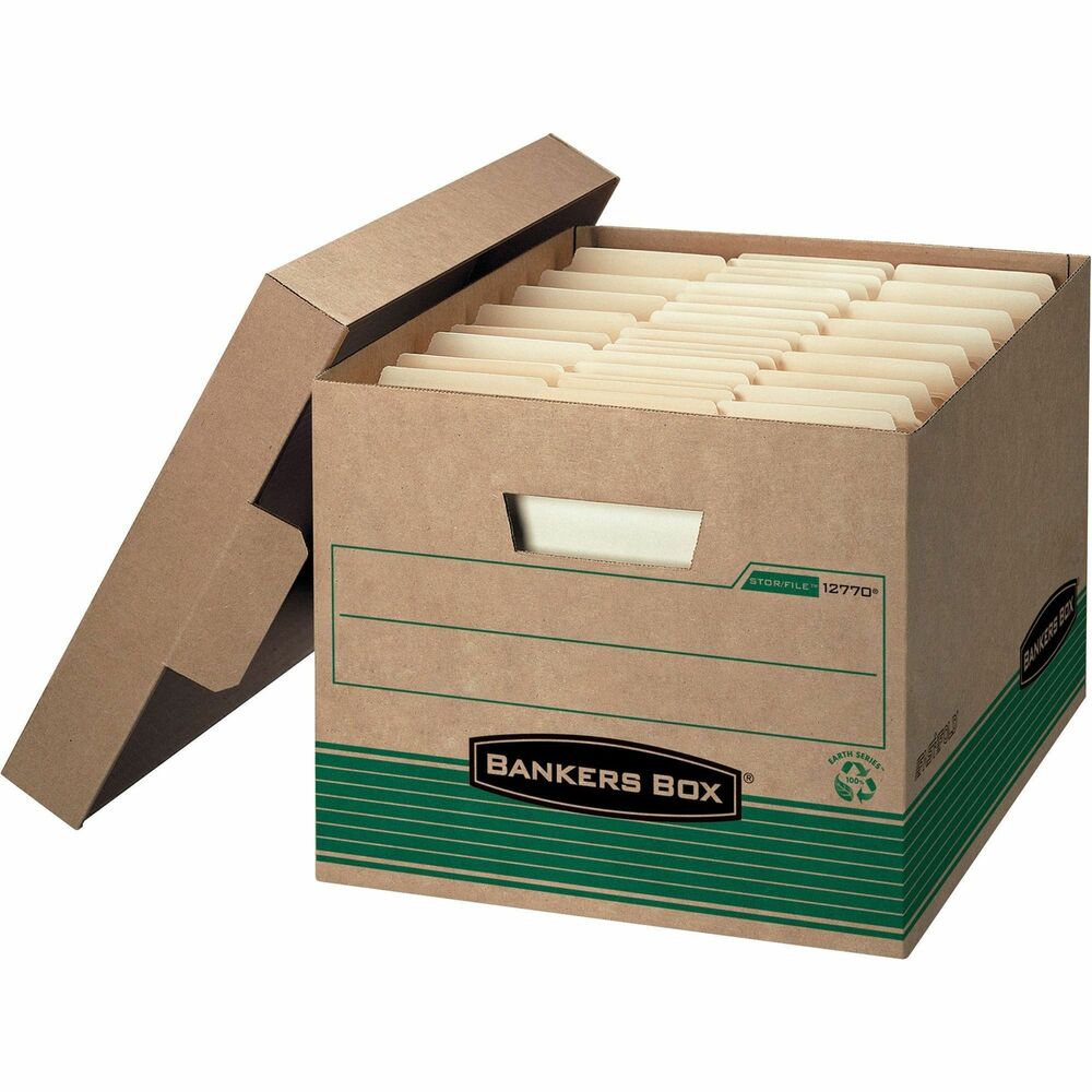 FEL12770 - Bankers Box Medium-Duty file storage boxes strike the perfect balance between durability and convenience. Designed for moderate stacking and frequent access, these cardboard file boxes with lids are ideal for storing both letter and legal-size folders in active office environments. Reinforced hand holes make lifting and transporting easy, while the sturdy build ensures reliable protection for your documents. Whether you're managing client files, rotating quarterly paperwork, or organizing shared office storage, these boxes offer a professional-grade solution that's built to last. Made with 100% recycled content, they're a smart, eco-conscioen_US choice for ben_USy professionals. Box inside dimensions: 12 x 10 x 15 Inches. More from the Manufacturer