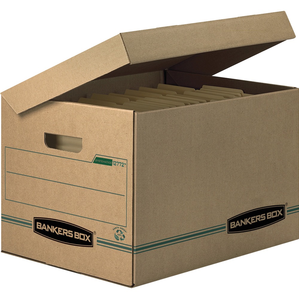 FEL12772 - This environmentally friendly box offers storage for letter-size or legal-size files and has an attached flip-top lid that you can't lose. Light-duty construction is ideal for moderate stacking or for use with shelving. Stacking weight is 500 lb. Storage box is made from a high percentage of recycled material. More from the Manufacturer