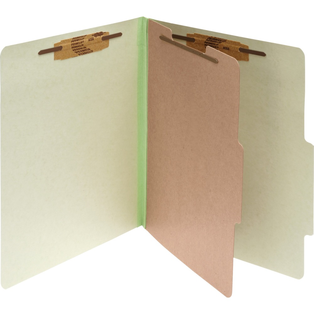 ACC16044 - Classification folder functions as the perfect file organizer, complete with tabs on the cover and dividers for easy titling. Durable, classification folders are ideal for keeping important documents in place. Each folder is made of 25 point recycled pressboard with expandable, color-matched Tyvek gussets. Single partition helps create four filing surfaces - each with a 1" size fastener - to maximize your filing opportunities. Each folder expands 2" to hold a thick stack of your important documents.