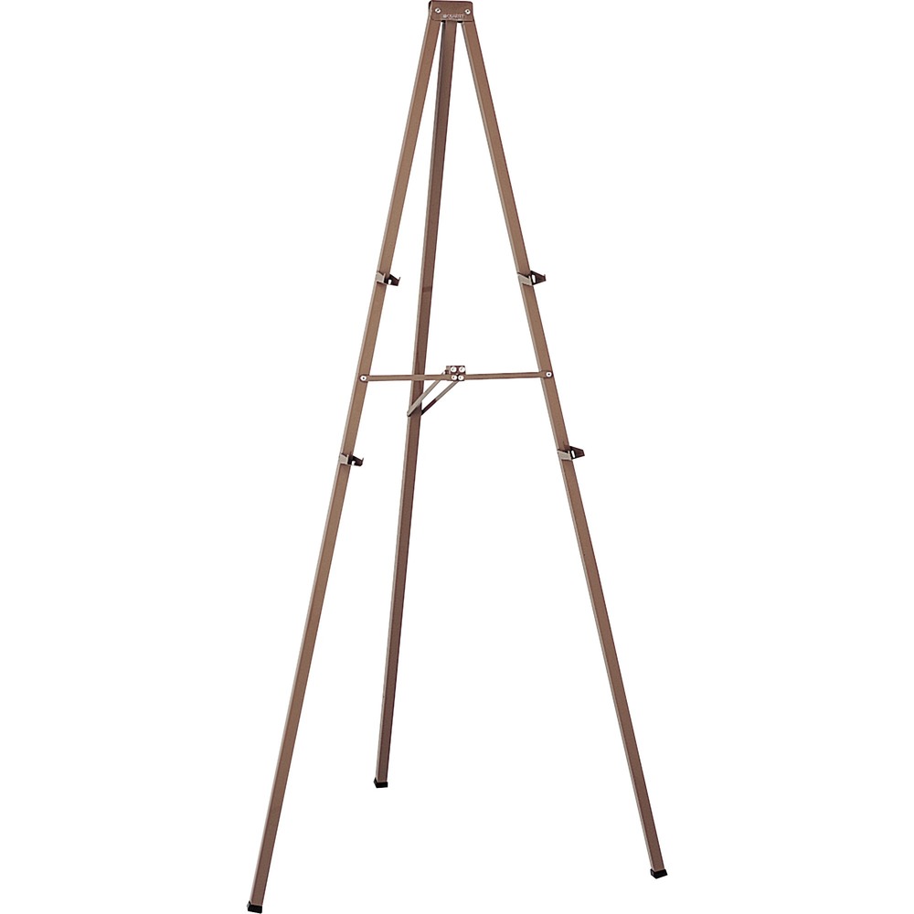 QRT21E - Tripod easel is made of sturdy steel with bronze finish. Locking mechanism secures legs. Included two sets of brackets fold down to hold presentation materials. Tripod easel folds to 1" wide x 4" deep x 72" high for easy transport or storage. Easel supports displays up to 8' x 4'.