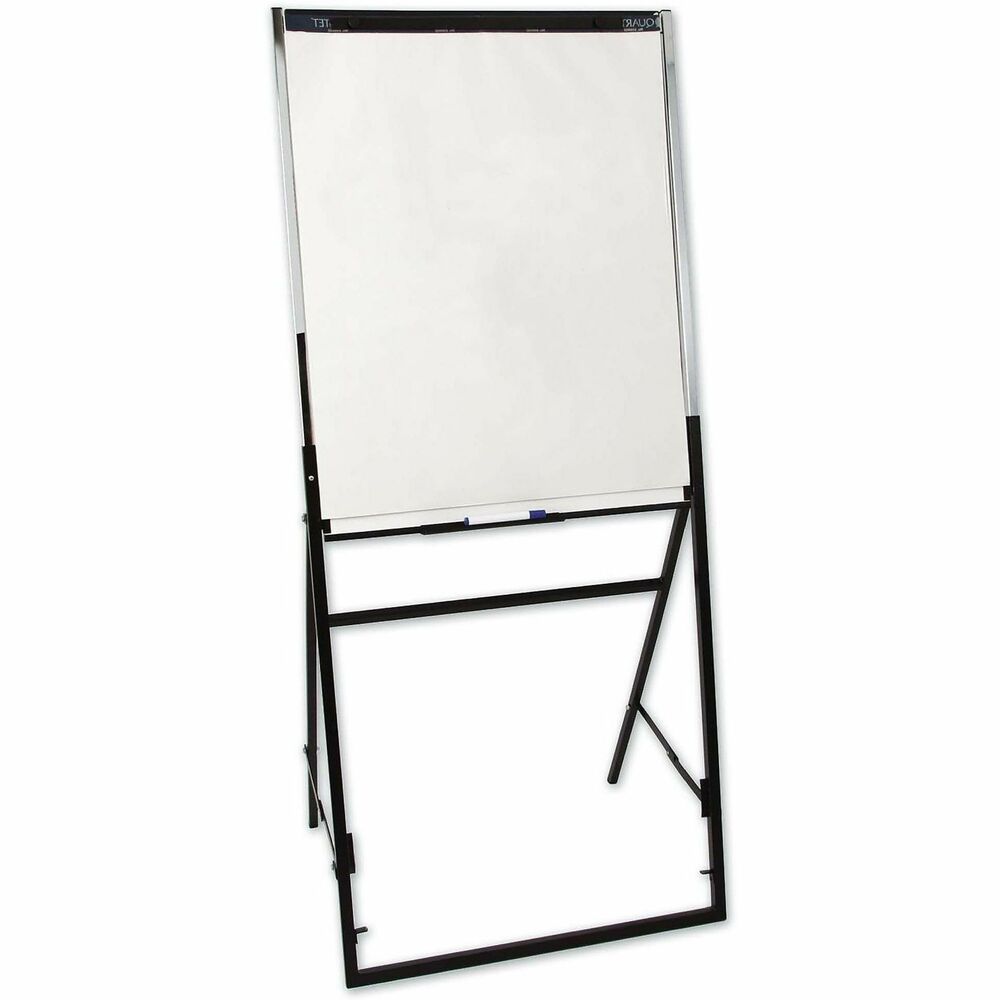 QRT351900 - With the press of a button, this versatile presentation easel slides from tabletop to floor standing size in seconds, adjusting from 40" to 67" high. Melamine dry-erase board is equipped with a flip chart pad holder and accessory tray. Durable steel construction has a contemporary, black lacquer finish. Easel is compact and portable for easy storage and transport. More from the Manufacturer