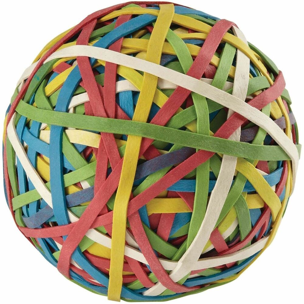 ACC72155 - Replace that tangled mess of ordinary rubber bands with the rubber band ball. Assorted color bands are neatly wrapped around each other in a ball shape. Individual band size is 3/4" x 1/8".