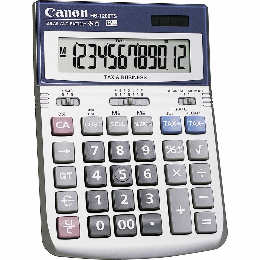 CNMHS1200TS - Desktop calculator offers a 12-digit, angled, liquid crystal display with large, easy-to-read numbers to provide you with maximum viewing comfort. Ergonomic angle of the display provides comfort and reduces eyestrain from overhead lighting. Display indicates the operation symbol for addition, subtraction, multiplication and division during a calculation and will also show the equal sign when your result is displayed. Decimals appear in 0, 1, 2, 3, 4 and floating positions. High-quality keys incorporate a PC-like keyboard touch. Functions include add mode, tax calculation, business functions, cost/sell/margin keys, three-key memory, grand total feature, percent, and sign change, percentage add-on/discount, round off/up/down and square root. Calculator operates on solar and battery power and automatically shuts off after seven minutes of nonuse.