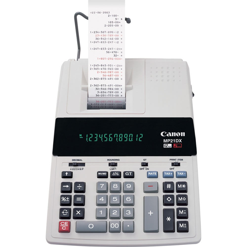 CNMMP21DX - This two-color printing/display desktop calculator features an easy-to-read 12-digit fluorescent display. Quiet, two-color ink ribbon printer generates 3.5 lines per second with positive numbers in black and negative numbers in red. Decimal positions are add mode, 0, 2, 3, 4, 6 and floating. Functions include four-key memory, grand total, markup/down, tax calculation tip, sign change, item count, and delta percent calculation. Design includes a spacious keyboard with large keytops and heavy-duty metallic paper holder. Calculator uses a 2-1/4" (57mm) wide plain paper roll. Calculator runs on AC power and weighs 4 lb.