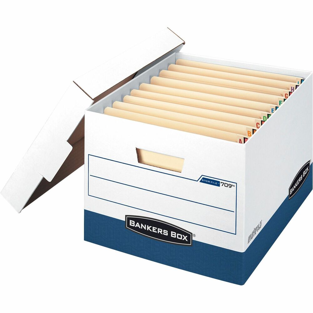 FEL00709 - Storage box provides heavy-duty stacking strength for letter-size or legal-size patient end tab files. Multilayered construction offers 25 percent more stacking strength than other brands for archiving medical files. FastFold One Step Setup makes box assembly fast and easy. Deep locking lid keeps contents secure. Reinforced hand holds are tear-resistant. Storage box is built for heavy daily usage and maximum stackability. Ideal for stacking without shelving. Stacking weight is 950 lb. Storage box contains a high percentage of recycled material.