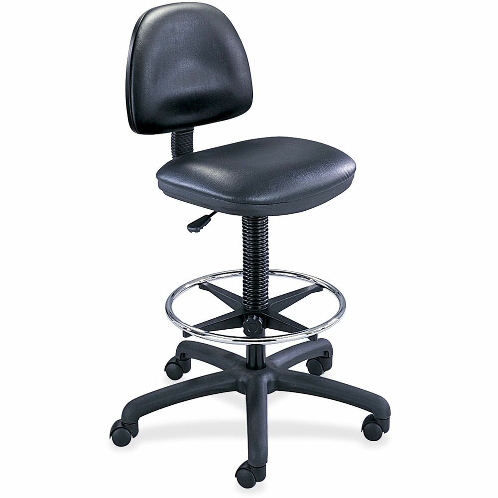 SAF3406BL - Extended height chair with footring features a 4" deep contoured seat upholstered in vinyl for full comfort. Adjusts from 23" to 33" high. Functions include pneumatic seat-height adjustment, manual back-height adjustment, seat-depth adjustment and 360-degree swivel. Chair holds 250 lb. Seat size is 17-3/4" wide x 16" deep. Back size is 16-1/4" wide x 14" high. 25" sturdy five-star base features dual hooded 2" casters. Adjustable footring and contoured seat provide full comfort. Chair meets or exceeds ANSI/BIFMA standards. Available in black frame only.