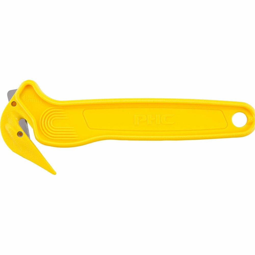 PHCDFC364 - Disposable Film Cutter makes cutting shrink-wrap effortless. Start cut in middle, top or bottom of stretch-wrapped pallet. Design includes durable plastic construction and a long-lasting, super-sharp blade. Highly visible yellow cutter also features a tape splitter to cut box tape safely.
