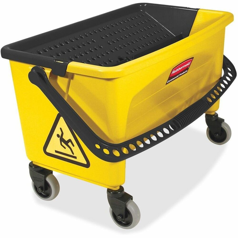 RCPQ90088YW - Wring bucket offers no-touch wringing of Microfiber mops (sold separately). "Washboard surface" effectively removes dirt and debris from mop pads before wringing. Twist-valve on bucket floor empties contents without lifting. Smooth, nonporous surface helps prevent bacterial growth and cleans up easily. Mobile bucket fits onto the Rubbermaid 6173 Janitor Cart and accommodates mop pads up to 18" in length.