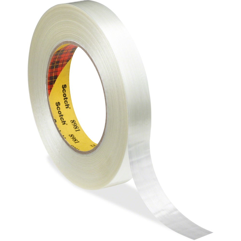 MMM89811 - Laminated adhesive layer of this high-performance packaging tape provides an extra measure of protection. The tape combines a strong polypropylene backing reinforced with continuous glass yarn filaments and a synthetic rubber resin adhesive. This aggressive adhesive is specifically formulated to provide an excellent balance of initial adhesion and long-term holding power to most fiberboard surfaces, including recycled and printed fiberboard surfaces. Multilayer adhesive system prevents delamination to help ensure tape strength and performance throughout the application. An ideal choice for heavy-duty sealing, shipping and splicing, this tape provides very good holding power under a wide range of conditions. Tough, clear film backing resists abrasion and moisture, provides good aging and protects the filaments and adhesive to help your boxes remain closed for long period of time. More from the Manufacturer