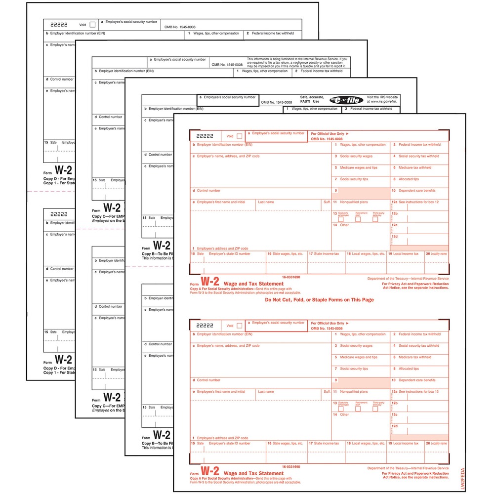 TOP22990 - Four-part Laser W-2 Kit is used to report wages and deductions to the Social Security Administration. Forms meet IRS specifications. Kit includes a W-3 Transmittal of Income Wage and Tax Statement Form. Each page includes two forms. Detached size is 8-1/2" x 5-1/2". Forms are designed for use in laser printers.