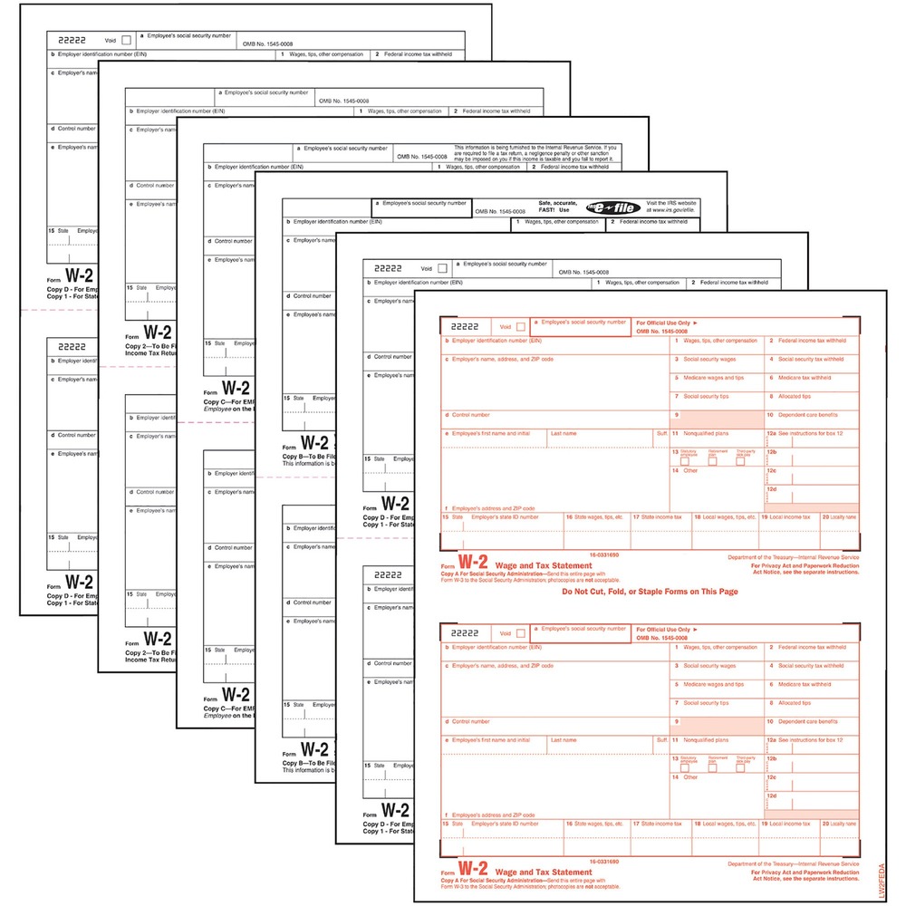 TOP22991 - Six-part Laser W-2 Kit is used to report wages and deductions to the Social Security Administration. Forms meet IRS specifications. Kit includes a W-3 Transmittal of Income Wage and Tax Statement Form. Each page includes two forms. Detached size is 8-1/2" x 5-1/2". Forms are designed for use in laser printers.