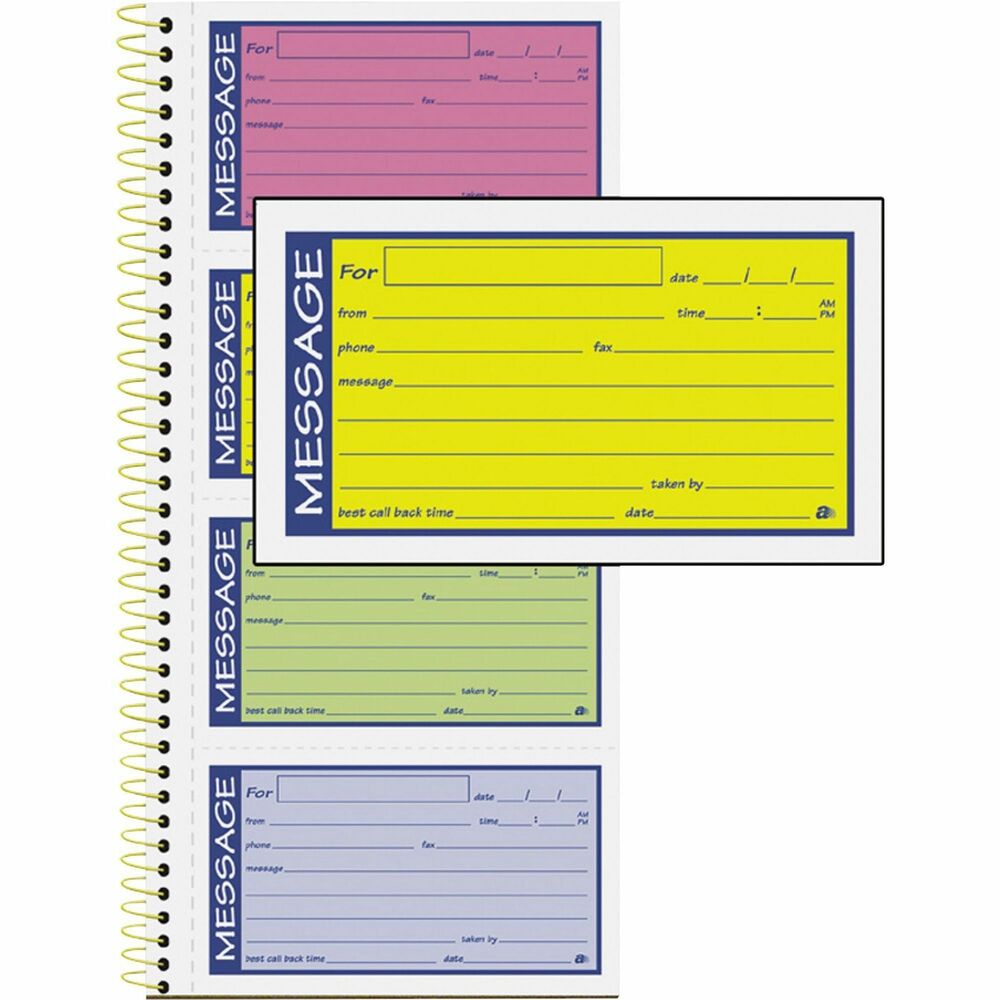 ABFSC1153RB - With these "can't miss" colors, important messages are sure to stand out on cluttered desks. Each page features four bright-colored notes. Spiral-bound phone message book keeps a permanent record of all 200 messages it holds. Two-part carbonless format includes originals in white and duplicates in canary.