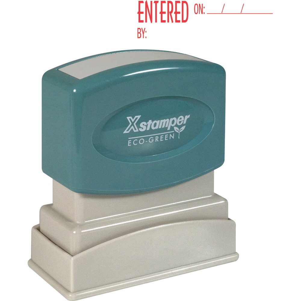 XST1822 - ENTERED red ink Title Stamp is pre-inked for 100,000 impressions and re-inkable for 100,000 more, again and again. Patented cellular inking process delivers clean, consistent impressions. Retractable frame keeps stamp surface away from desktop until ready to use. Impression size is 1/2" x 1-5/8". Pre-inked stamp contain a high percentage of recycled material.