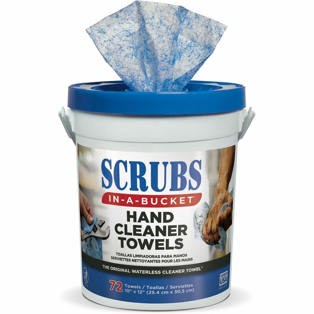 ITW42272 - SCRUBS Hand Cleaner Towels combine an advanced cleaning formula with a strong, dual-textured towel to thoroughly clean hands and surfaces anywhere, any place and any time. The clean, citrus-scented formula loosens and dissolves industrial soils while leaving hands free from dryness and irritation. The Rough Touch blue towel locks in soil to prevent it from transferring back onto hands and surfaces. Hands are left feeling clean with no sticky residue and no rinsing required.
