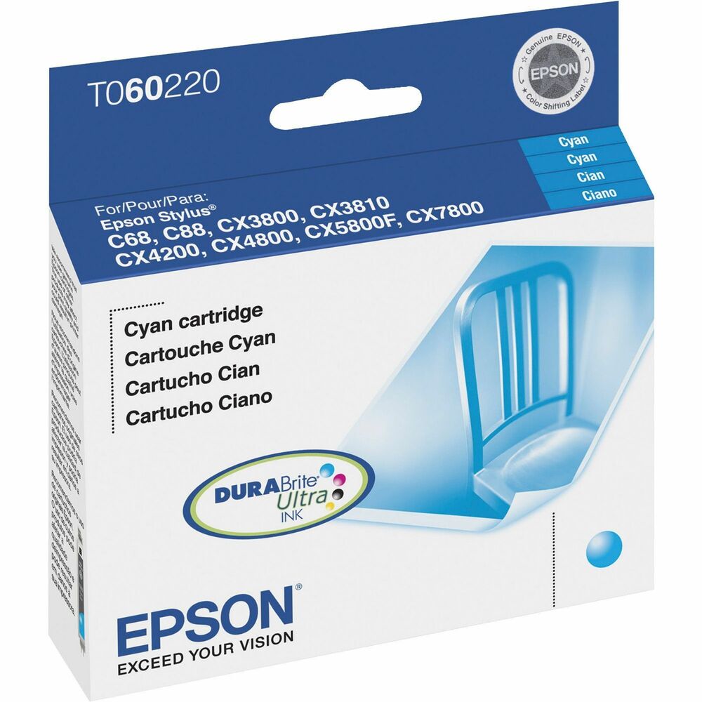EPST060220S - Ink cartridge is designed for use with Epson Stylus C68, C88, C88 Plus, CX3800, CX3810, CX4200, CX4800, CX5800F and CX7800. DURABrite Ultra inks produce bold black text and rich, vibrant colors. They also offer superior resistance to water, fading and smudging. Ink cartridge is excellent for double-sided printing because DURABrite Ultra ink doesn't bleed through.