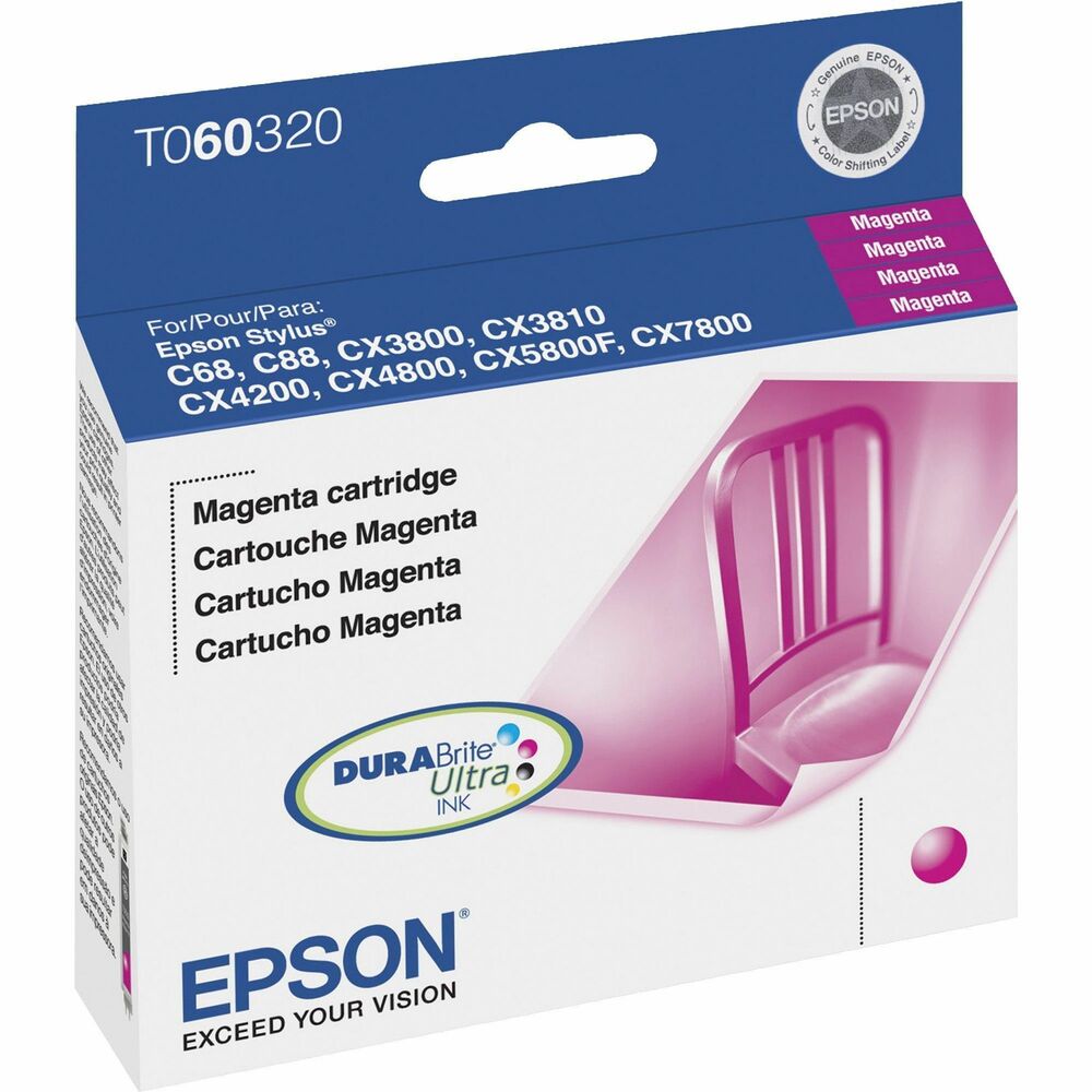 EPST060320S - Ink cartridge is designed for use with Epson Stylus C68, C88, C88 Plus, CX3800, CX3810, CX4200, CX4800, CX5800F and CX7800. DURABrite Ultra inks produce bold black text and rich, vibrant colors. They also offer superior resistance to water, fading and smudging. Ink cartridge is excellent for double-sided printing because DURABrite Ultra ink doesn't bleed through.