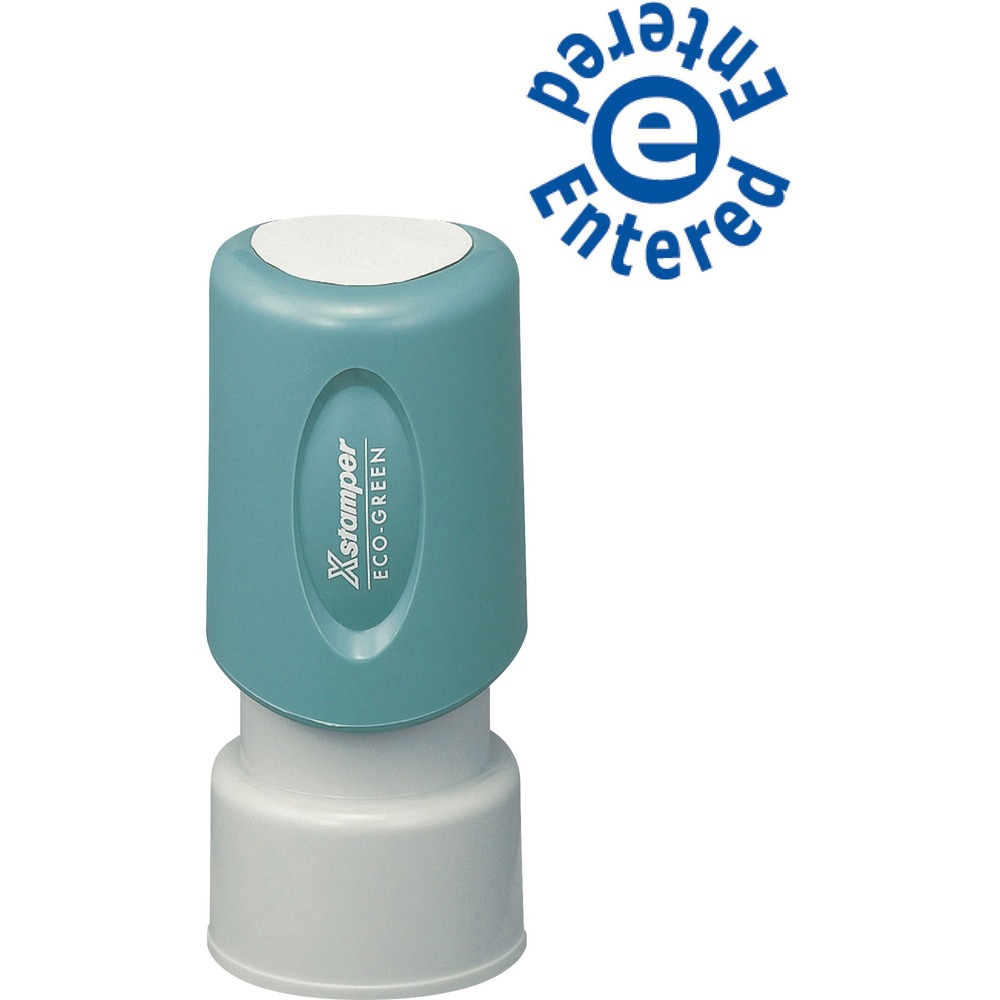 XST11423 - Blue ink ENTERED specialty stamp is pre-inked and re-inkable. Retractable frame keeps stamp surface away from desktop until ready to use. Plastic cap makes it safe to carry in purse or pocket. Impression size is 5/8" diameter.