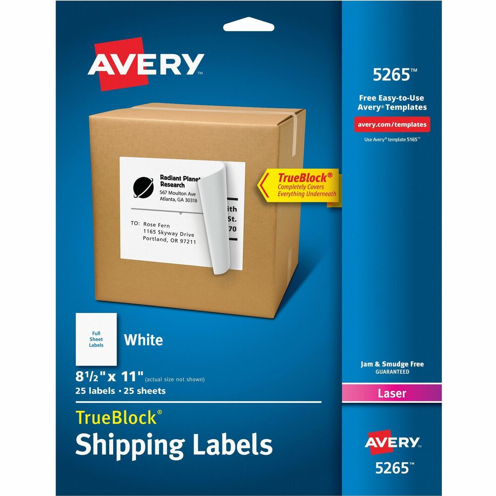 AVE5265 - Create professional-looking labels quickly using Shipping Labels with TrueBlock Technology. Labels with TrueBlock completely cover everything underneath so you can reuse mailing tubes, boxes and more. Bright-white labels have permanent adhesive and are jam-free and smudge-free. They are perfect for creating professional-looking mailings, shipping, bar-coding and organizing. Labels are designed for use in laser printers. Avery offers many easy-to-use templates for Microsoft Word and other popular software programs. Each sheet includes six labels.
