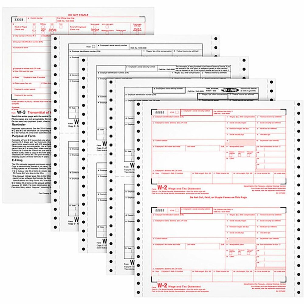 TOP2204 - Carbonless, continuous W-2 tax forms are used to report wages and deductions to the Social Security Administration. Four-part forms meet IRS specifications. Each set of forms includes a W-3 Transmittal of Income Wage and Tax Statement Form. Each sheet includes two forms. Detached size is 8-1/2" x 5-1/2". Forms are designed for use in dot matrix printers.