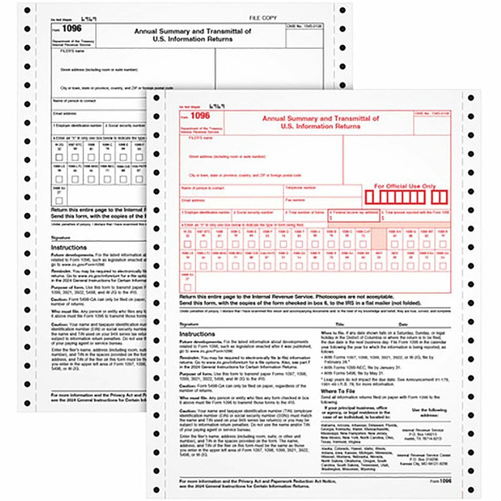 TOP2202 - Continuous 1096 Summary Transmittal Forms are used to transmit paper forms 1098, 1099, 3921, 3922, 5498 and W-2G to the IRS. Continuous forms are designed for typewriter, computer or laser printers. Two-part, carbonless sets have a detached size of 8-1/2" x 11".