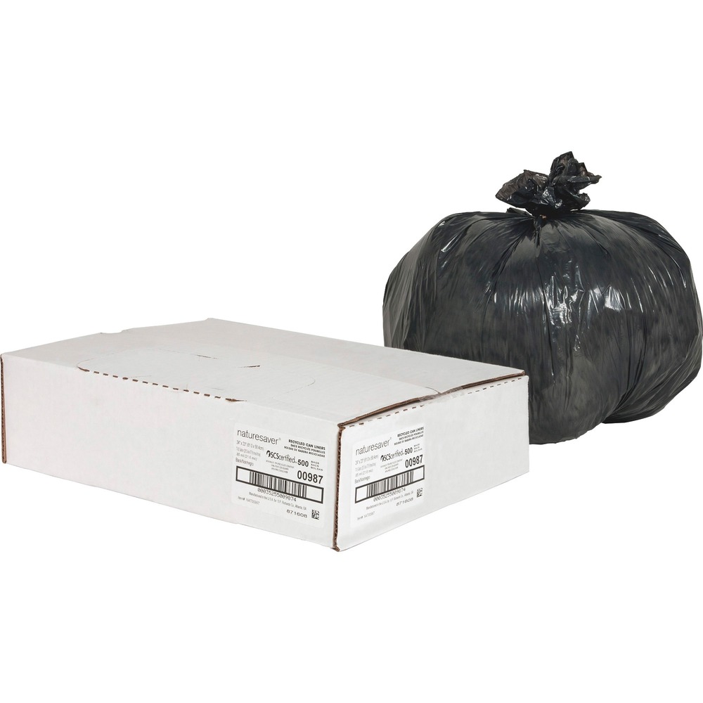 NAT00987 - Rugged, low-density bags are made with a high percentage of recycled material. The premium blend of recycled plastics makes them puncture-resistant and ideal for all trash applications. Star-bottom seal is designed for a more even distribution of contents. Bags come in a convenient coreless roll for easy dispensing anywhere. The black color hides unsightly trash.