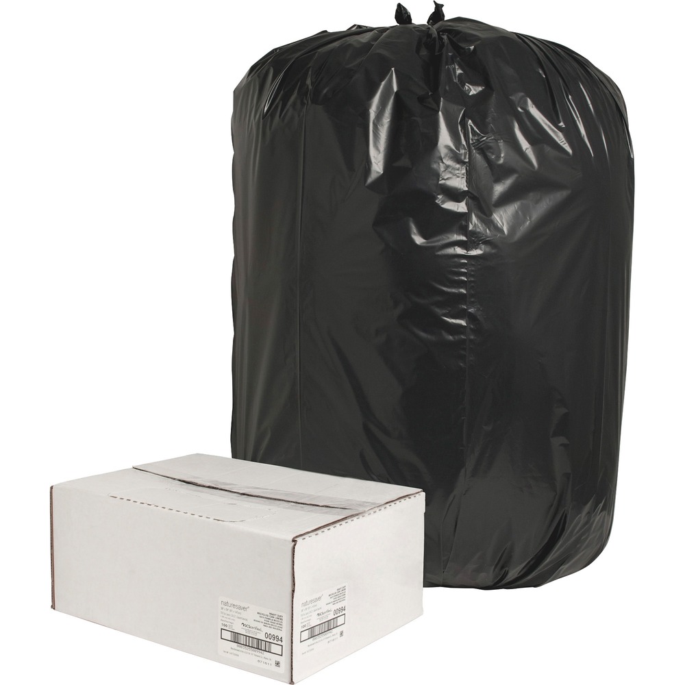 NAT00994 - Rugged, low-density bags are made with a high percentage of recycled material. The premium blend of recycled plastics makes them puncture-resistant and ideal for all trash applications. Star-bottom seal is designed for a more even distribution of contents. Bags come in a convenient coreless roll for easy dispensing anywhere. The black color hides unsightly trash.