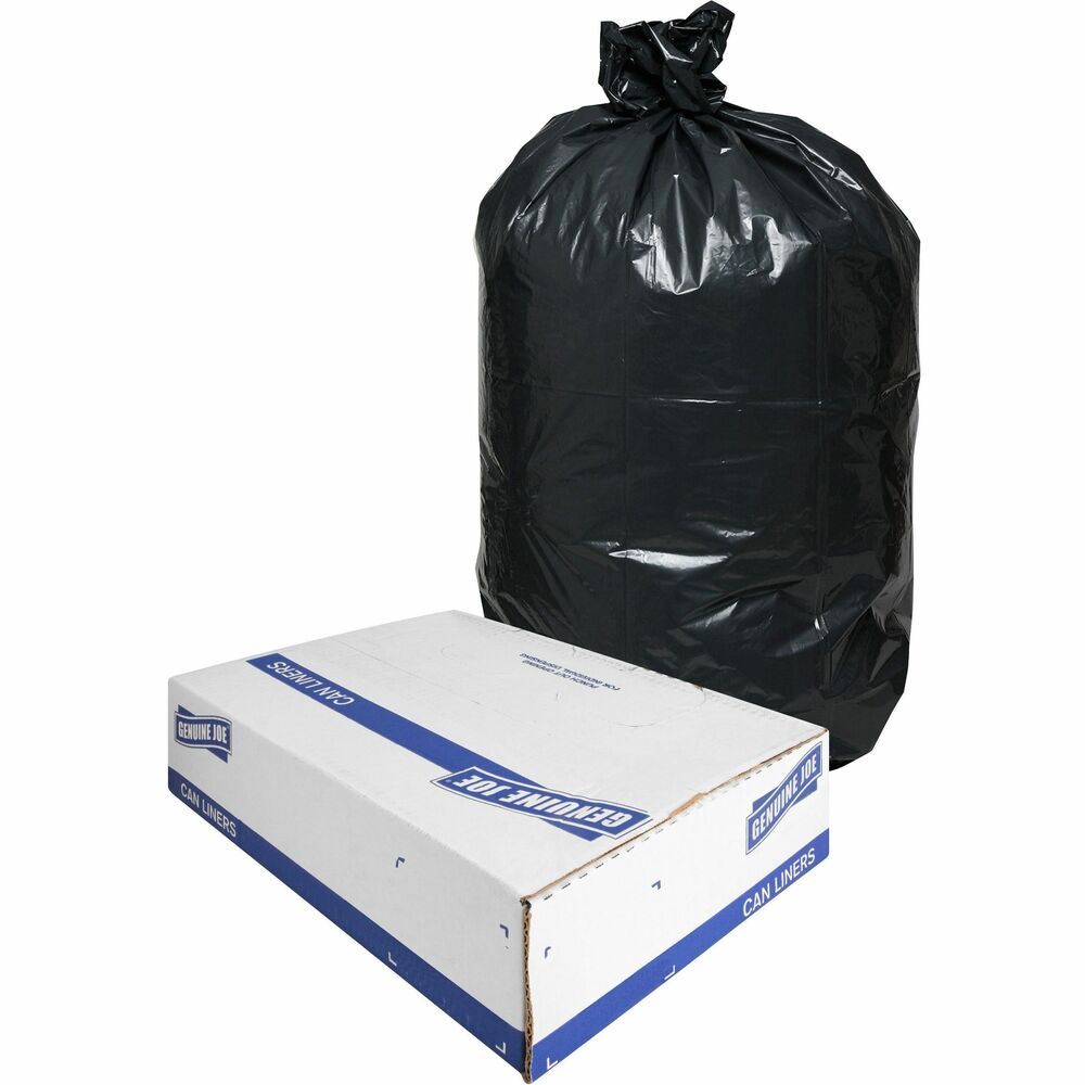 GJO01532 - Extra-strong, heavy-duty trash bags are made with puncture-resistant resins and are three times more puncture-resistant than standard liners. They are ideal for extra-heavy trash applications, such as heavy food, office waste, boxes, cans and construction debris because they are puncture-resistant to sharp objects. Star-bottom seal is designed for a more even distribution of contents. Two-ply, low-density bags come in a convenient coreless roll for easy dispensing anywhere. The 1.5 mil thick bag holds up to 30 gallons. The bag size is 30" x 36". Black plastic resin conceals contents so, even if your janitorial crew collects garbage during regular work hours, you and your guests will not have to look at unsightly garbage.