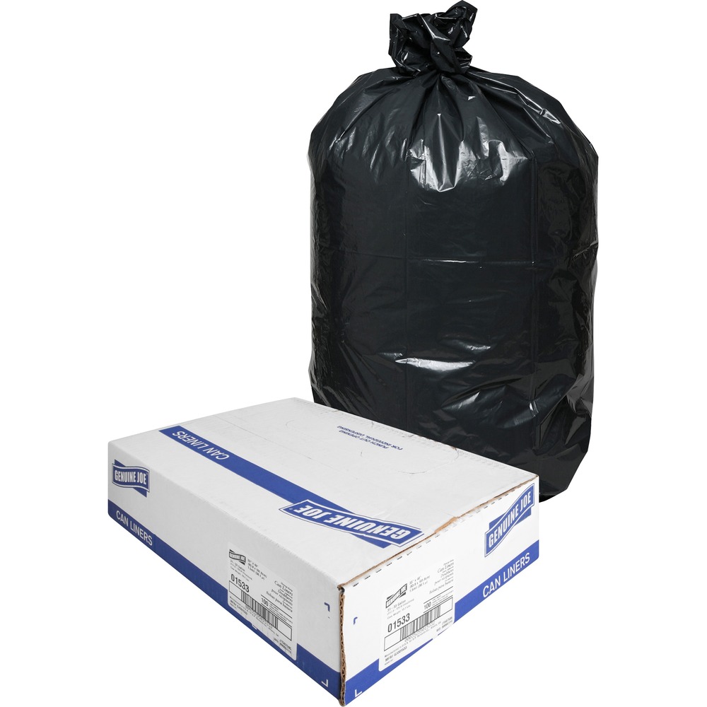 GJO01533 - Extra-strong, heavy-duty trash bags are made with puncture-resistant resins and are three times more puncture-resistant than standard liners. They are ideal for extra-heavy trash applications, such as heavy food, office waste, boxes, cans and construction debris because they are puncture-resistant to sharp objects. Star-bottom seal is designed for a more even distribution of contents. Two-ply, low-density bags come in a convenient coreless roll for easy dispensing anywhere. The 1.5 mil thick bag holds 31 to 33 gallons. The bag size is 33" x 40". Black plastic resin conceals contents so, even if your janitorial crew collects garbage during regular work hours, you and your guests will not have to look at unsightly garbage.