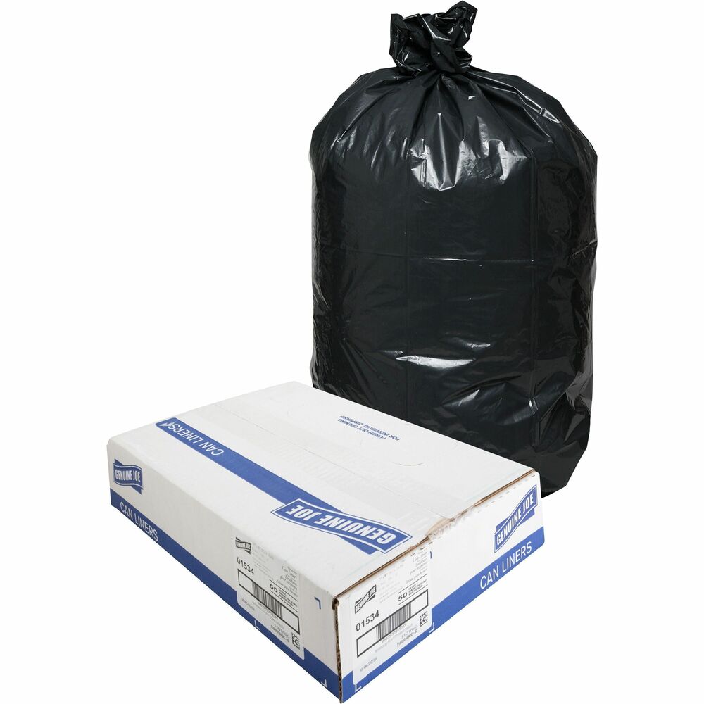 GJO01534 - Extra-strong, heavy-duty trash bags are made with puncture-resistant resins and are three times more puncture-resistant than standard liners. They are ideal for extra-heavy trash applications, such as heavy food, office waste, boxes, cans and construction debris because they are puncture-resistant to sharp objects. Star-bottom seal is designed for a more even distribution of contents. Two-ply, low-density bags come in a convenient coreless roll for easy dispensing anywhere. The 1.5 mil thick bag holds 40 to 45 gallons. The bag size is 39" x 46". Black plastic resin conceals contents so, even if your janitorial crew collects garbage during regular work hours, you and your guests will not have to look at unsightly garbage.