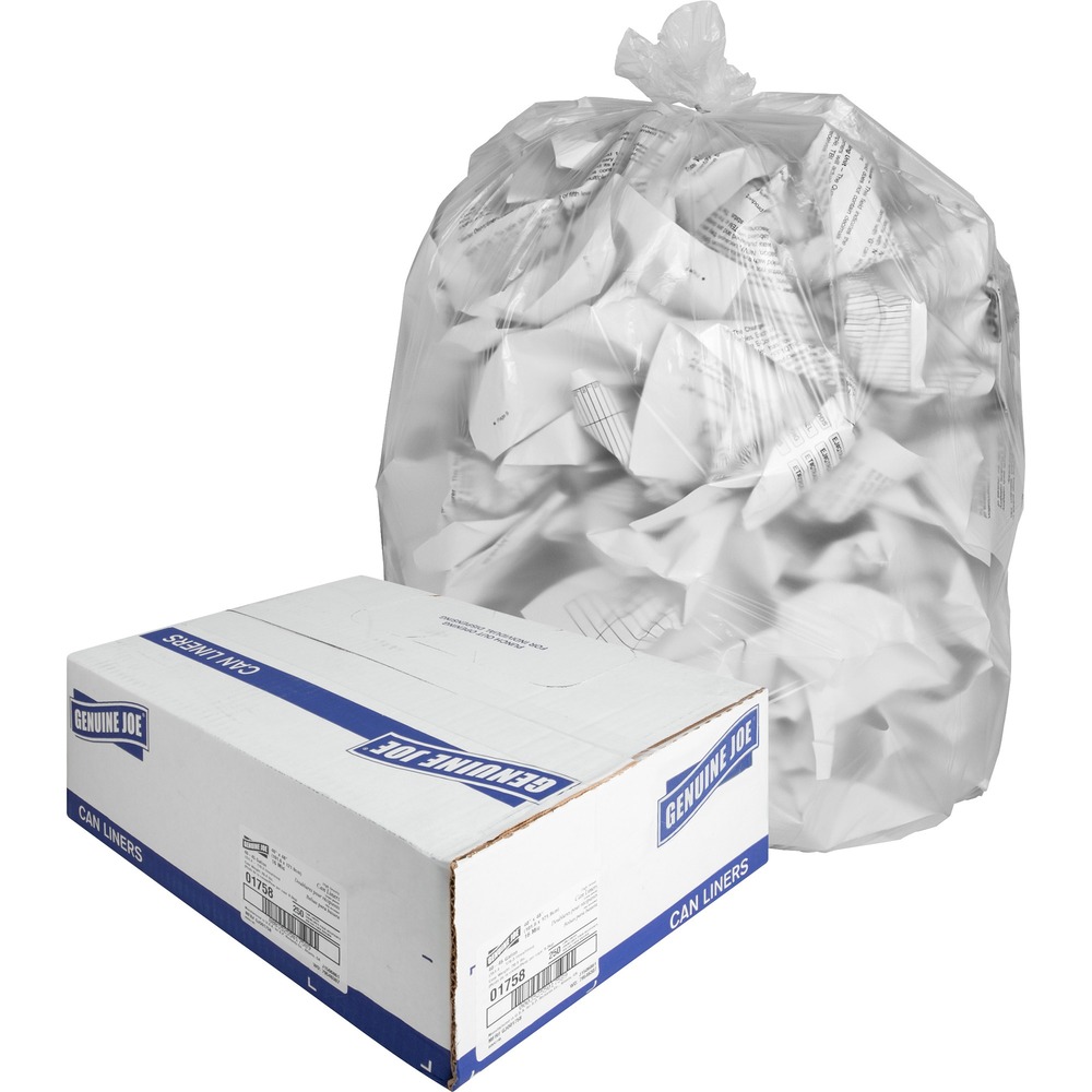 GJO01758 - Medium-duty trash bags are made with high-grade, high-density resin for superior strength and performance so you can enjoy greater puncture-resistance. They are ideal for office or light industrial waste. Translucent plastic allows easy viewing of contents so the trash bags can also help with pilferage control. Star-bottom construction easily conforms to any size trash can and spreads trash around the bottom of the bag. The star seal, or X-seal, is designed for more even distribution of contents. Bags come in a convenient coreless roll for compact storage and easy dispensing anywhere. Rolls are perforated for easy access. The 16 micron thick bag holds 40 to 45 gallons of garbage. Bag size is 40" x 48".