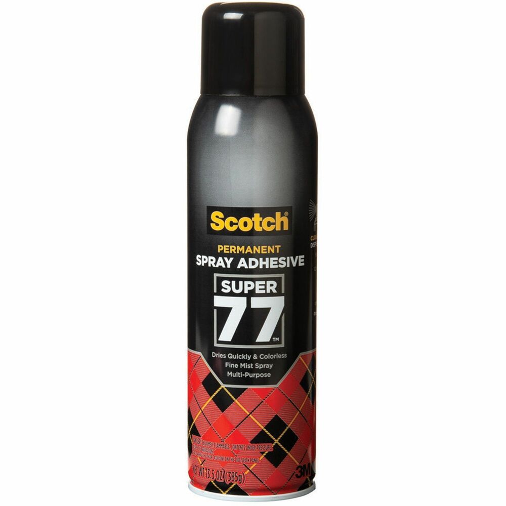 MMM77L - Scotch Super 77 Multipurpose Adhesive is an extremely versatile, fast-drying spray adhesive that bonds a wide range of lightweight materials. Its fast, aggressive tack and low soak-in make it ideal for a broad range of projects. Use it for bonding paper, cardboard, fabric, cushion foam, plastic, metal, wood and much more. Spray adhesive dries quickly and is transparent when dried. Adhesive contains 1,1-Difluoroethane (DFE).