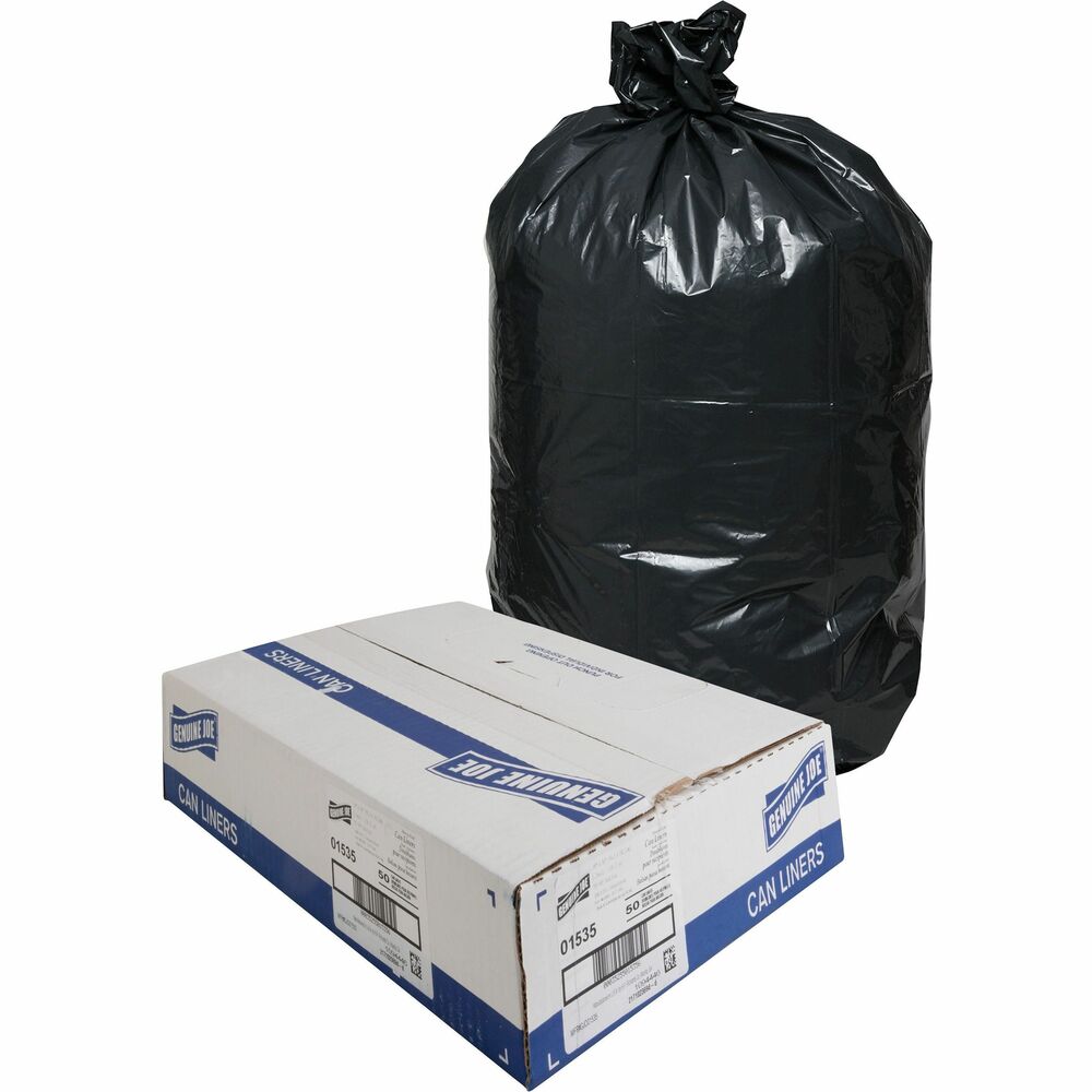 GJO01535 - Extra-strong, heavy-duty trash bags are made with puncture-resistant resins and are three times more puncture-resistant than standard liners. They are ideal for extra-heavy trash applications, such as heavy food, office waste, boxes, cans and construction debris because they are puncture-resistant to sharp objects. Star-bottom seal is designed for a more even distribution of contents. Two-ply, low-density bags come in a convenient coreless roll for easy dispensing anywhere. The 1.5 mil thick bag holds 55 to 60 gallons. The bag size is 39" x 56". Black plastic resin conceals contents so, even if your janitorial crew collects garbage during regular work hours, you and your guests will not have to look at unsightly garbage.
