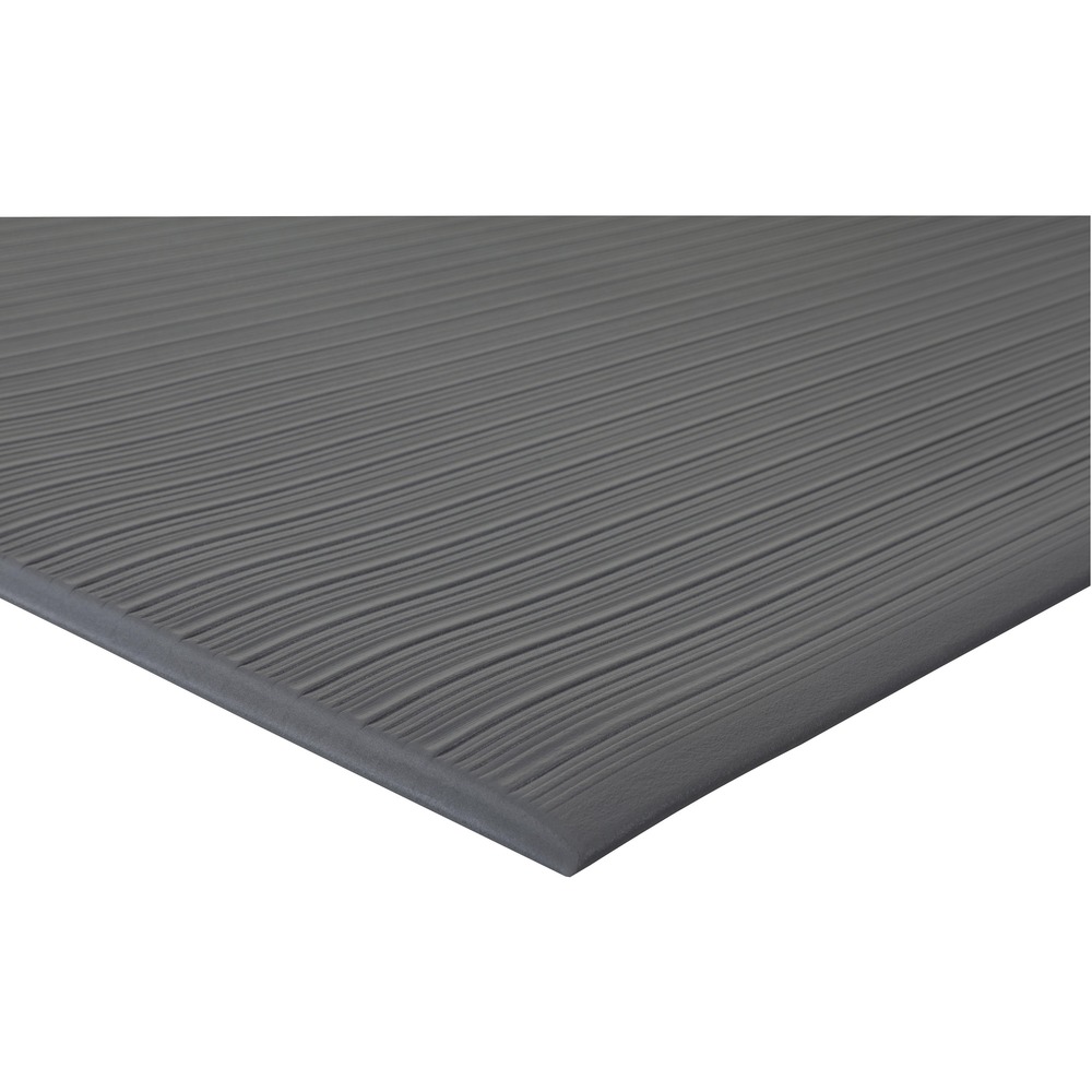GJO01710 - Anti-fatigue mat offers 3/8" thick, vinyl foam structure to provide support that reduces fatigue and discomfort. Ribbed surface increases safety. Beveled edge allows easy wheel movement on and off the mat. Mat is designed for indoor use in warehouses, factories and more.