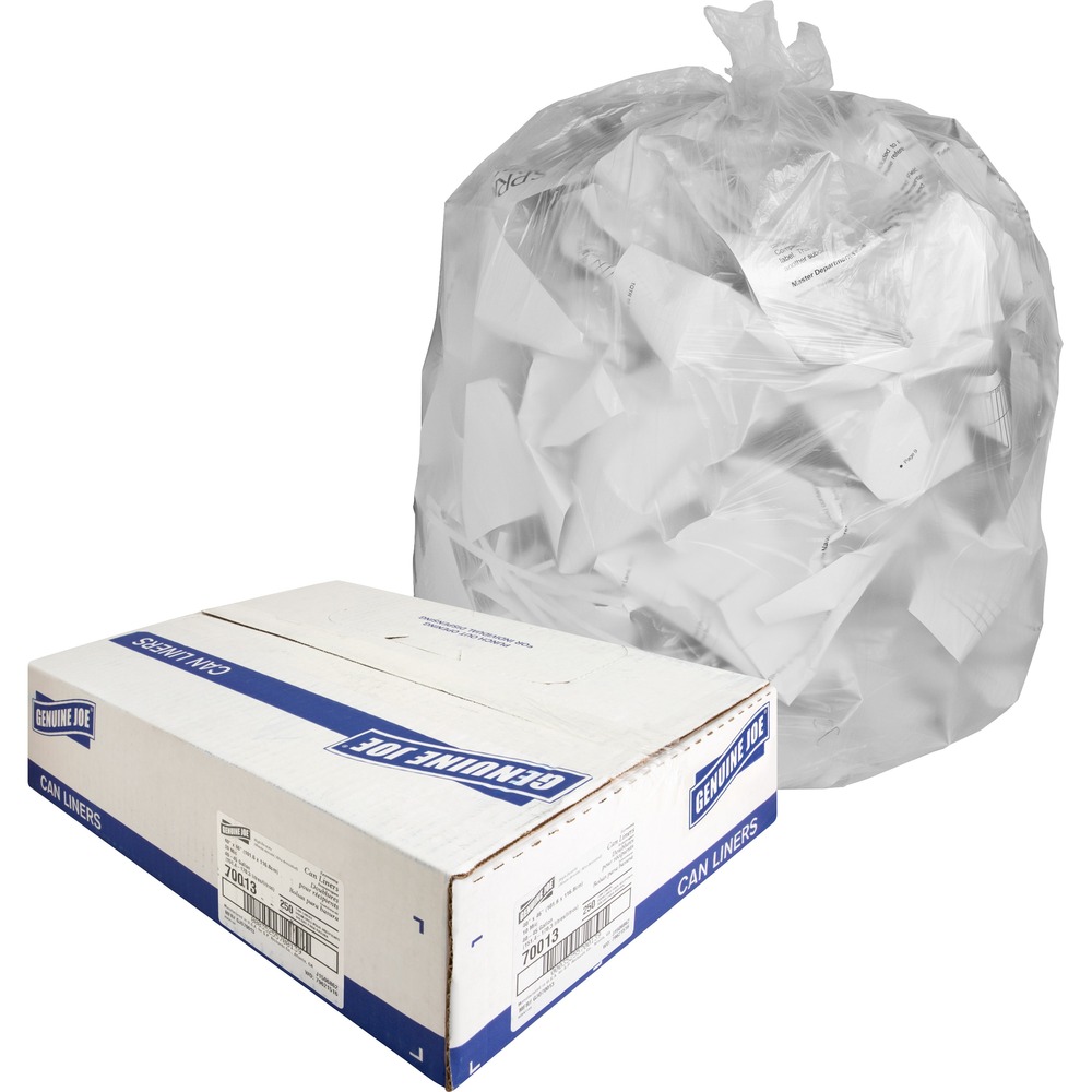 GJO70013 - Use these Economy High-density Can Liners for light to medium trash and frequently changed trash applications, including breakrooms, paper/plastic recycling bins and restrooms. Ideal for office waste, the can liners are made with high-density resins for superior strength and performance. Translucent design allows easy viewing of contents so the trash bags can also help with pilferage control. Star-bottom construction easily conforms to any size trash can and spreads trash around the bottom of the bag. The star seal, or X-seal, is designed for more even distribution of contents. Bags come in a convenient coreless roll for compact storage and easy dispensing anywhere. Rolls are perforated for easy access. Each 10 micron thick bag holds 40 to 45 gallons of garbage. Bag size is 40" x 46".