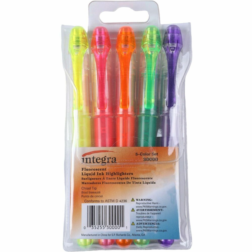 ITA30000 - Liquid ink highlighters offer a visible ink supply. Free-flowing delivery system applies ink smoothly and evenly with a chisel tip. Transparent liquid ink stays bright and resists fading. Highlighters are nonrefillable.