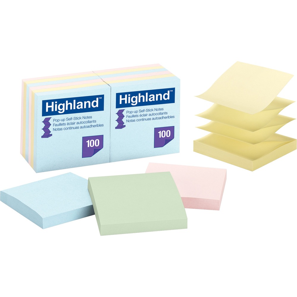 MMM6549PUA - Highland self-stick notes pop up for easy dispensing. Repositionable, removable notes are great for reminders and lists. Each pad includes 100 pastel sheets.