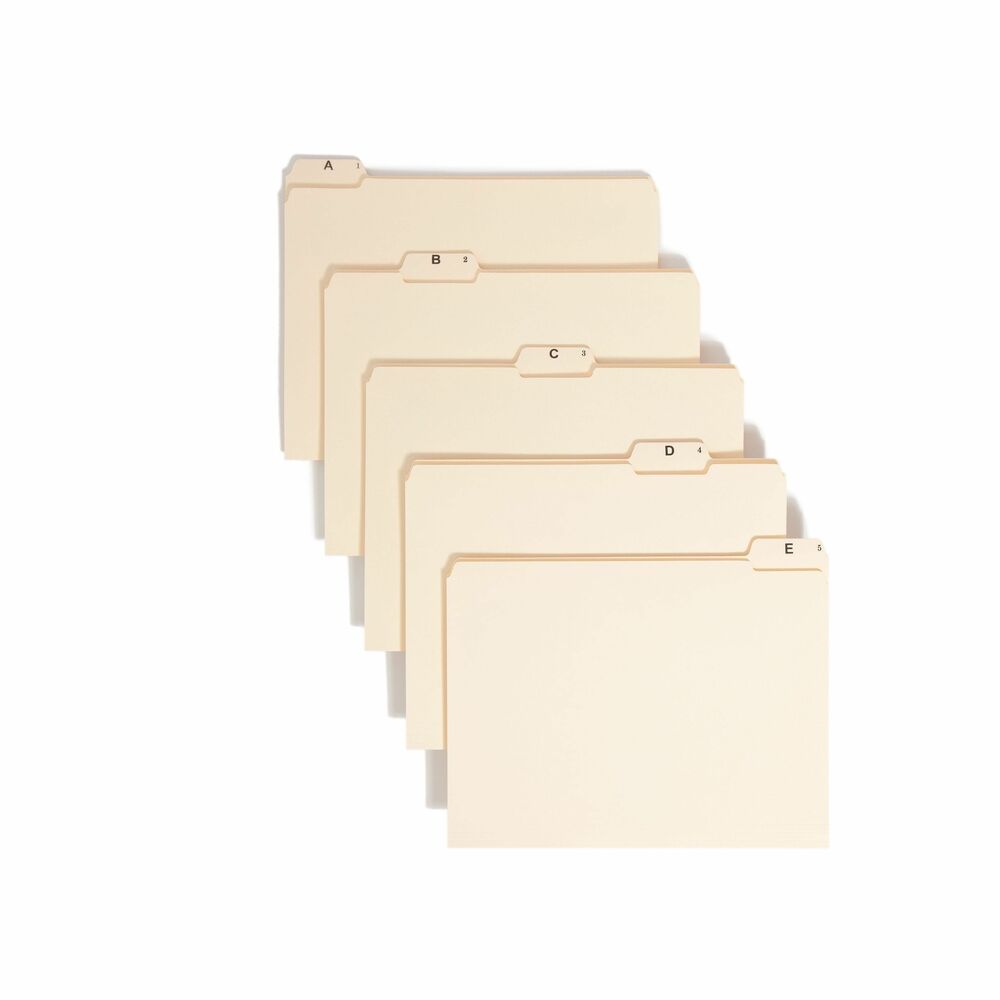 SMD11777 - Stay organized to the letter with these indexed file folders. Use them to maintain small desk drawer files of papers not requiring their own files. Letter-size folders feature 1/5-cut, two-ply tabs in assorted positions for easy access and are printed A to Z in black ink on the 1/2" undercut tabs. Top corners are rounded in the front and back. Folders are scored for 3/4" expansion and made of 11 point manila stock.