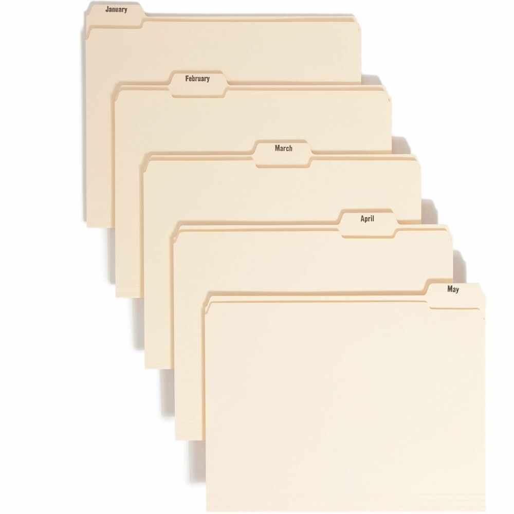 SMD11765 - Stay on schedule with the perfect folder system for monthly follow-up. Letter-size folders feature 1/5-cut, two-ply tabs in assorted positions for easy access. The names of months from January to December are printed in black ink on the 1/2" undercut tabs. Top corners are rounded in the front and back. Folders are scored for 3/4" expansion and made of 11 point manila stock.
