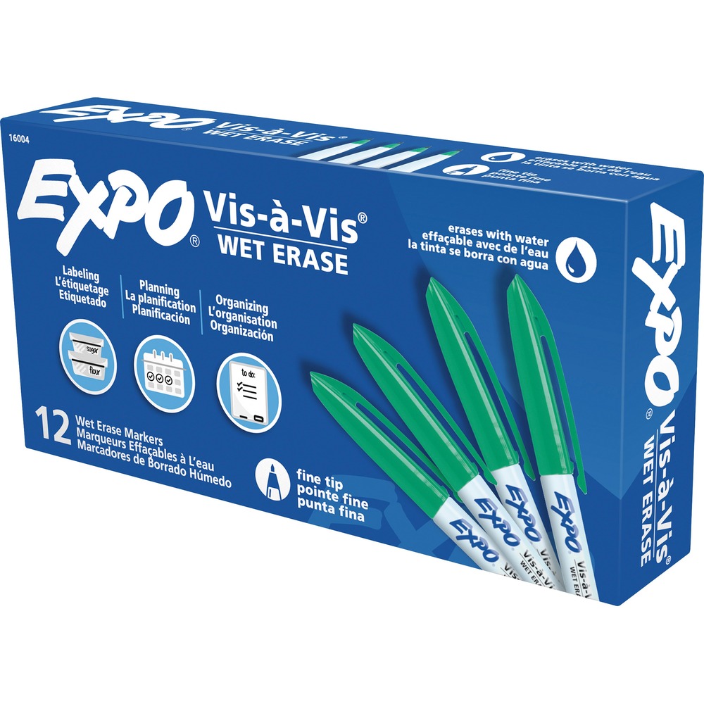 SAN16004 - EXPO Vis-a-Vis Wet-Erase Markers create bold markings perfect for planning, labeling and organizing. Use on whiteboards, hard plastic, laminated sheets and other nonporous surfaces. Easily erase with a damp cloth. More from the Manufacturer
