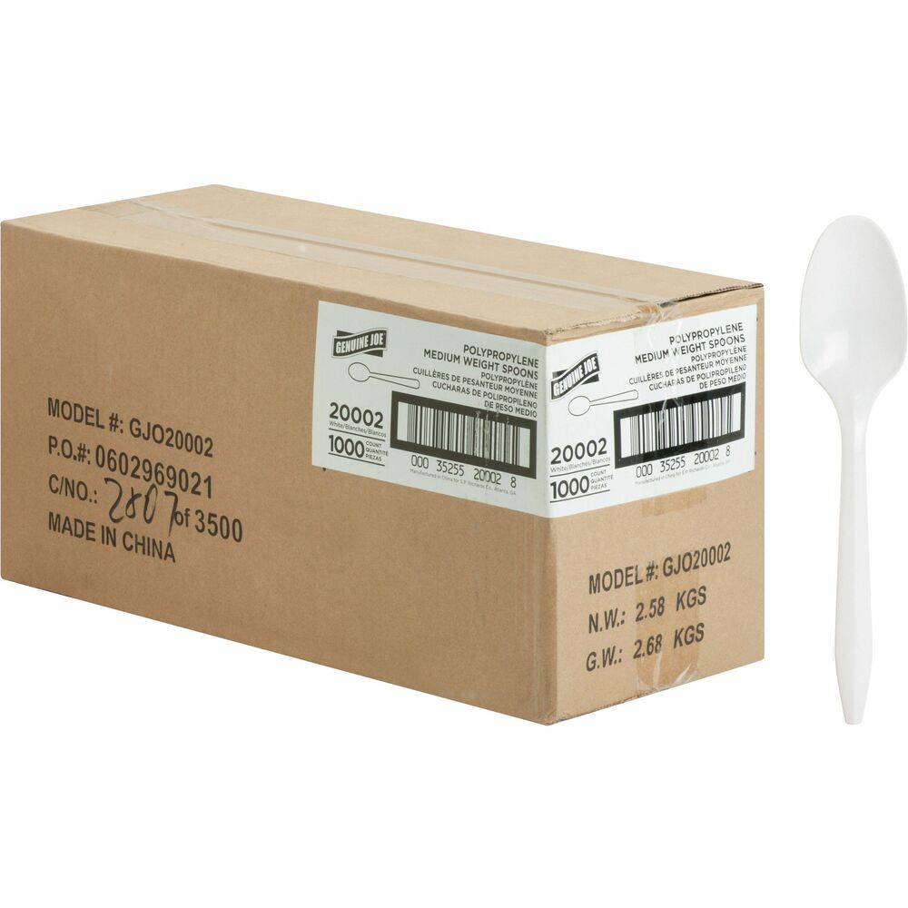 GJO20002 - Use this medium-weight cutlery for casual events, lunch meetings and more. Spoons are made of sturdy polypropylene material. They are flexible yet rigid enough to hold up to most uses. Spoons are layered packed for small space-saving case.
